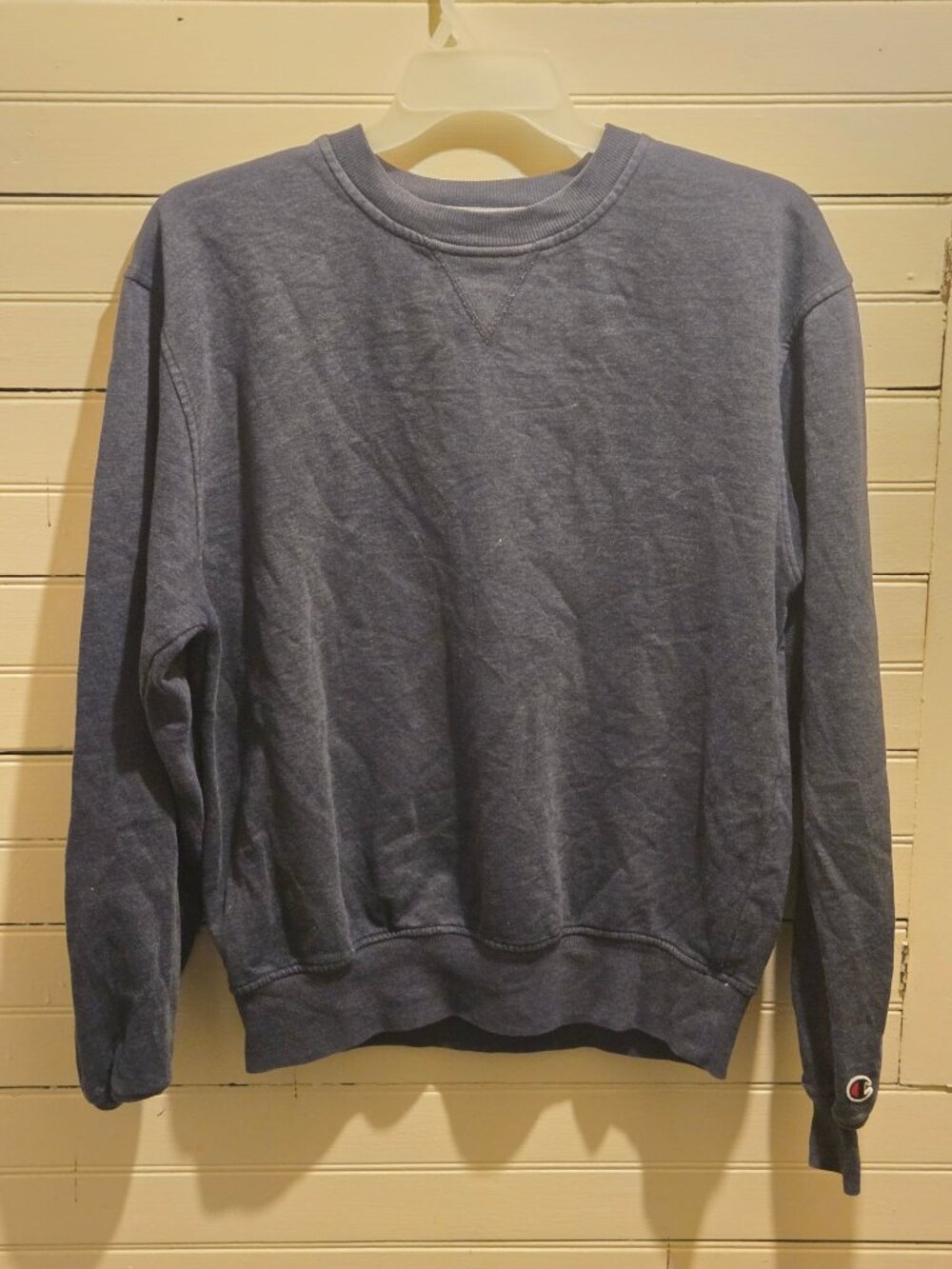 Champion Sweatshirt Mens M Navy Crewneck Pullover Logo Cuff Vintage Wash Classic